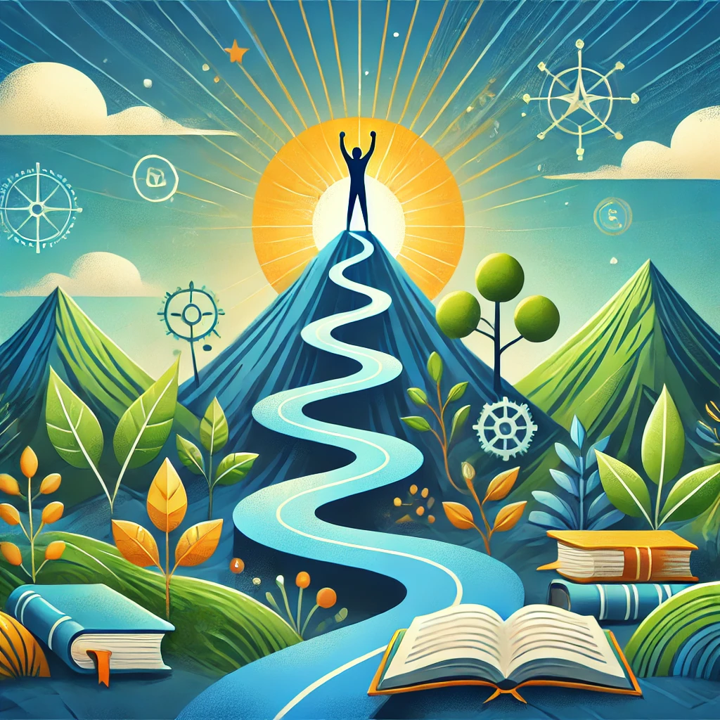 Illustration einer Person auf einem Berggipfel mit erhobenen Armen, umgeben von Symbolen für Wachstum, Lernen und Erfolg durch Selbstentwicklung.