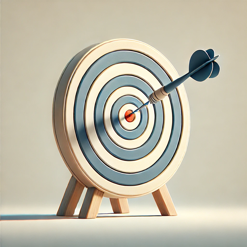 Minimalistisches Bild einer Zielscheibe mit einem Dartpfeil, der das Bullseye trifft, symbolisiert erfolgreiche Zielsetzung und Planung.
